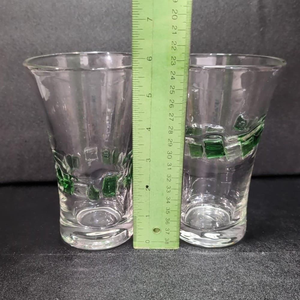 Fused Mosaic Glasses, Set of 2, Vintage Drinkware, Green & Clear Squares Design - Thumbnail 9