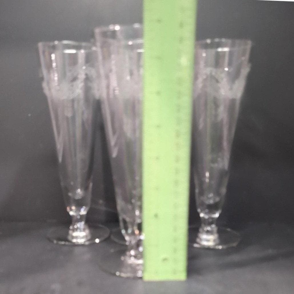 Chintz Etched Pilsner Glasses, Set of 4, Clear Footed Glassware, Vintage Barware - Thumbnail 2
