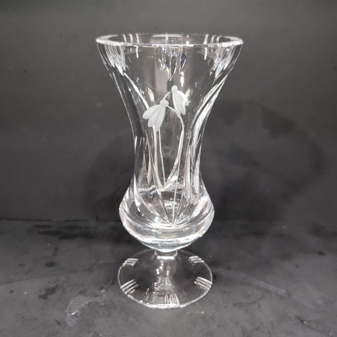 Floral Etched Cut Crystal Vase, Footed Low Stem Vessel, Replacement Centerpiece - Thumbnail 3