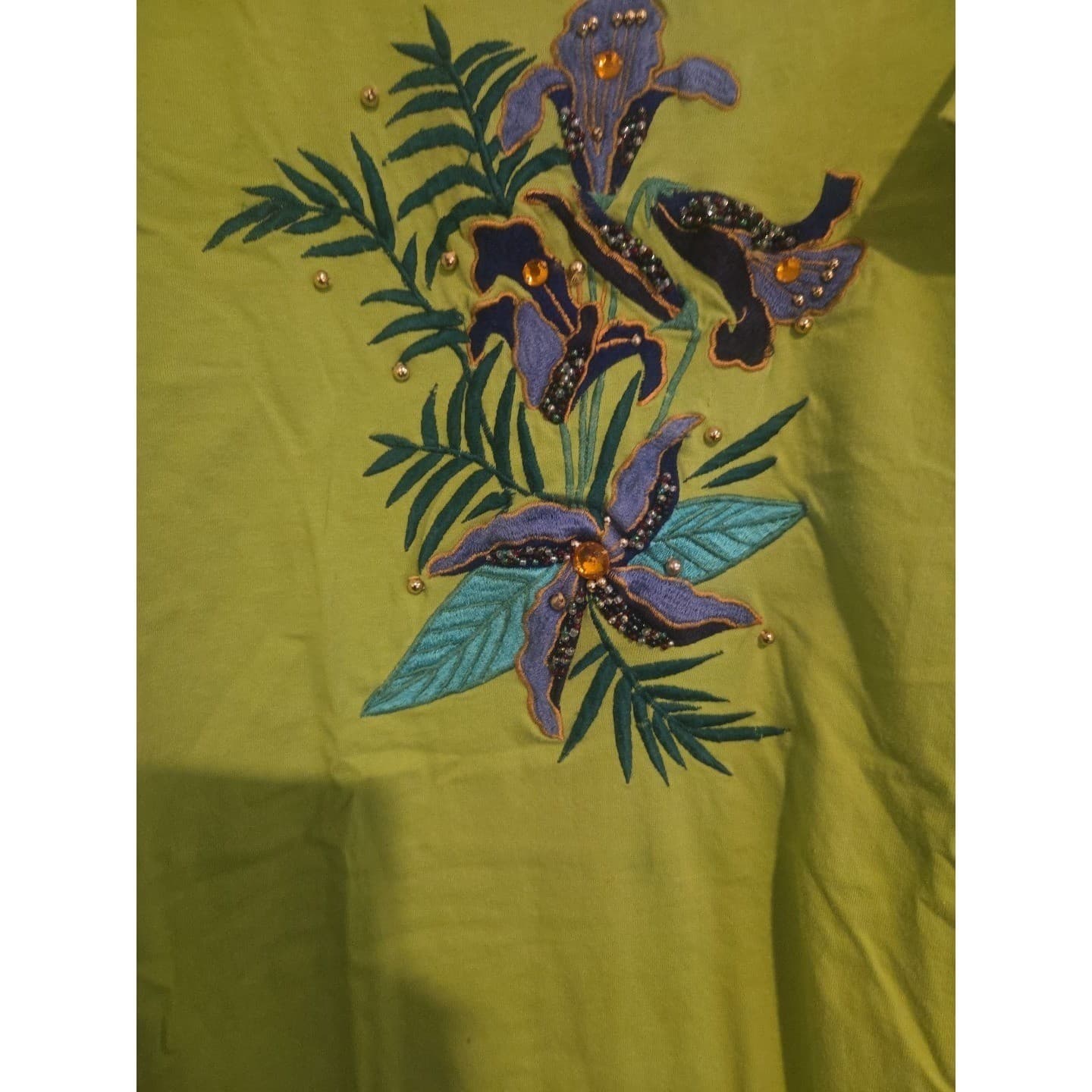 Rinzi Lime Green Embroidered Floral Beaded Cotton T-Shirt, Woman's Medium Top - Thumbnail 7