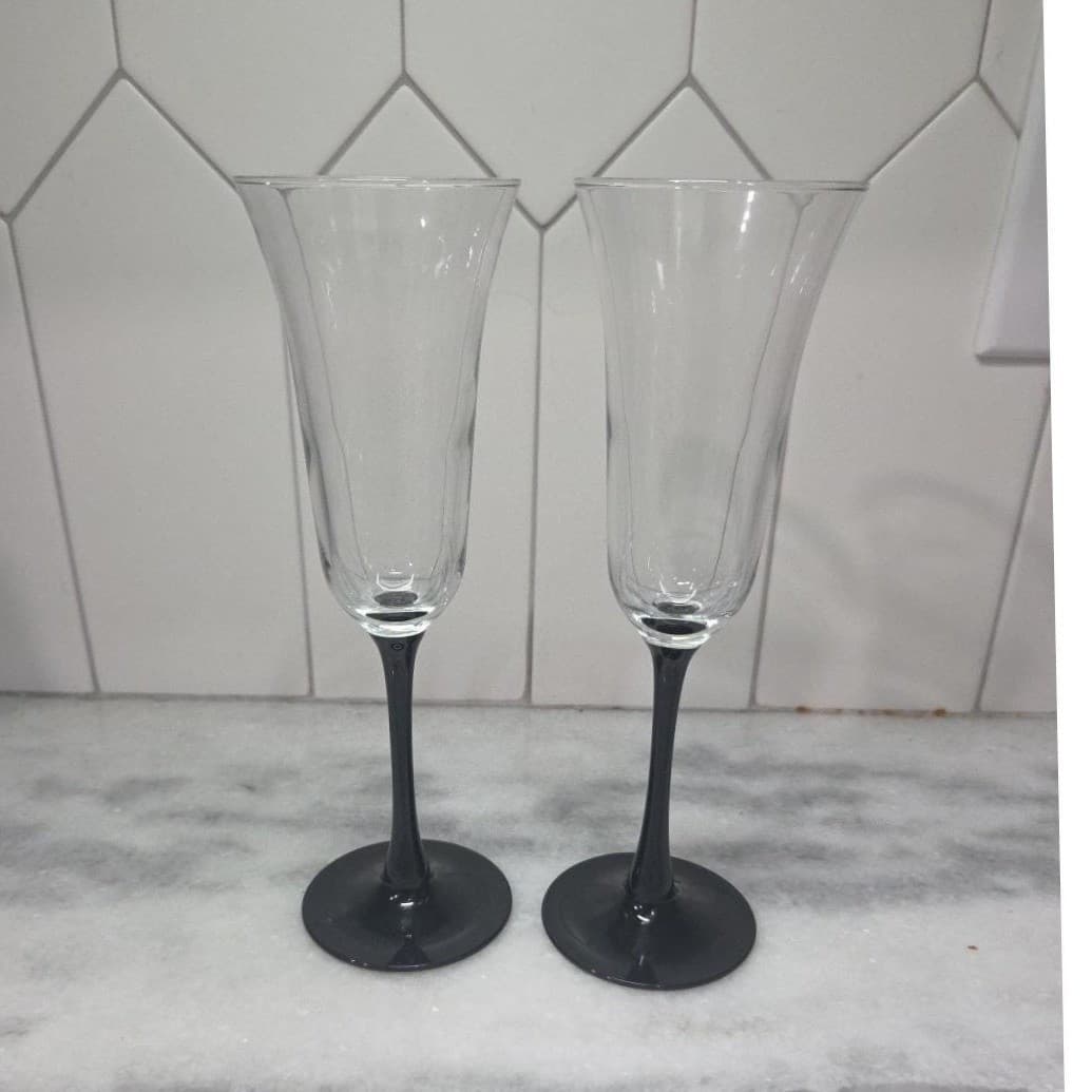 Cristal D'Arques Champagne Flutes, Set of 2, Vtg Black Stemmed Toasting Glasses - Thumbnail 3