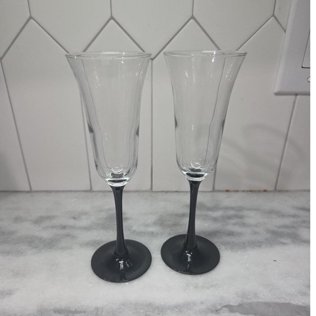 Cristal D'Arques Champagne Flutes, Set of 2, Vtg Black Stemmed Toasting Glasses - Thumbnail 2
