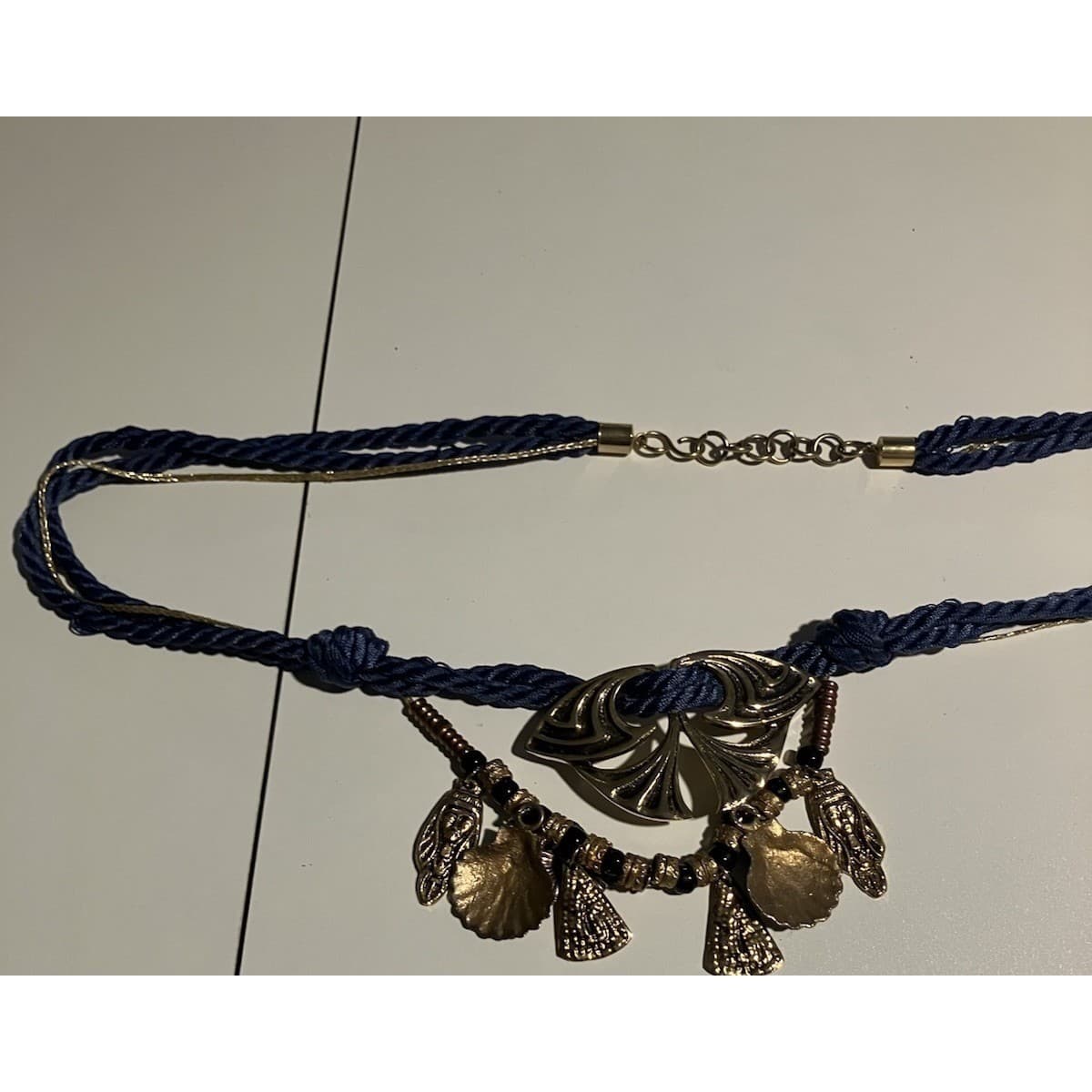 Navy Blue Rope Belt with Gold Shell Charms, Vintage Statement Adjustable Waist - Thumbnail 6