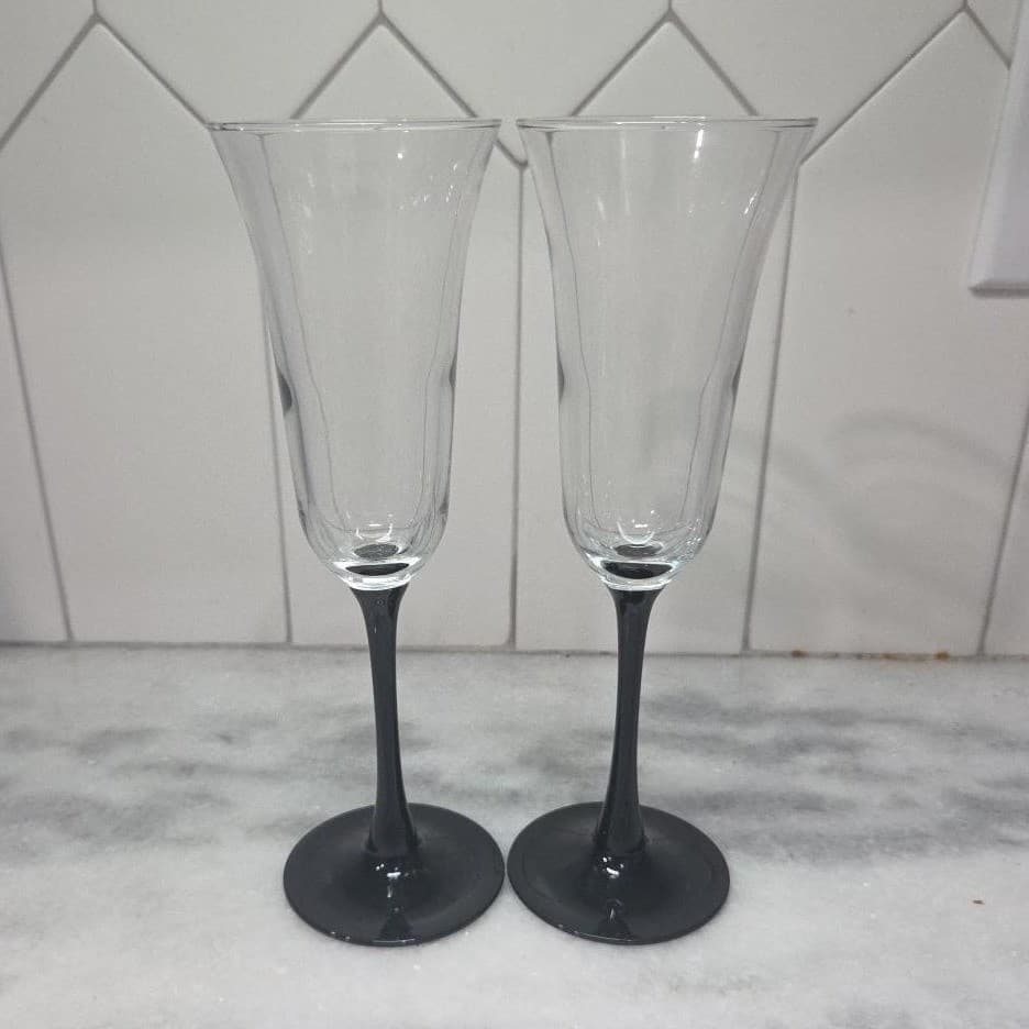 Cristal D'Arques Champagne Flutes, Set of 2, Vtg Black Stemmed Toasting Glasses - Thumbnail 4