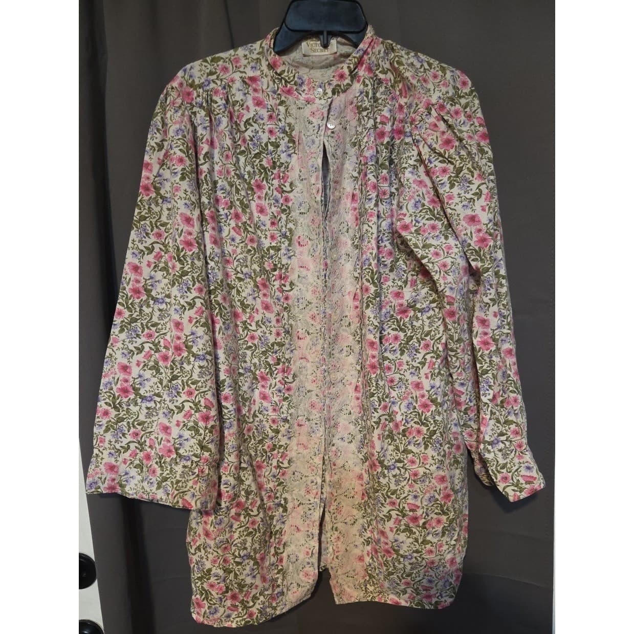 Victoria's Secret Floral Cotton Nightgown, Vintage Lace Trim, Pink Purple M/L - Thumbnail 2