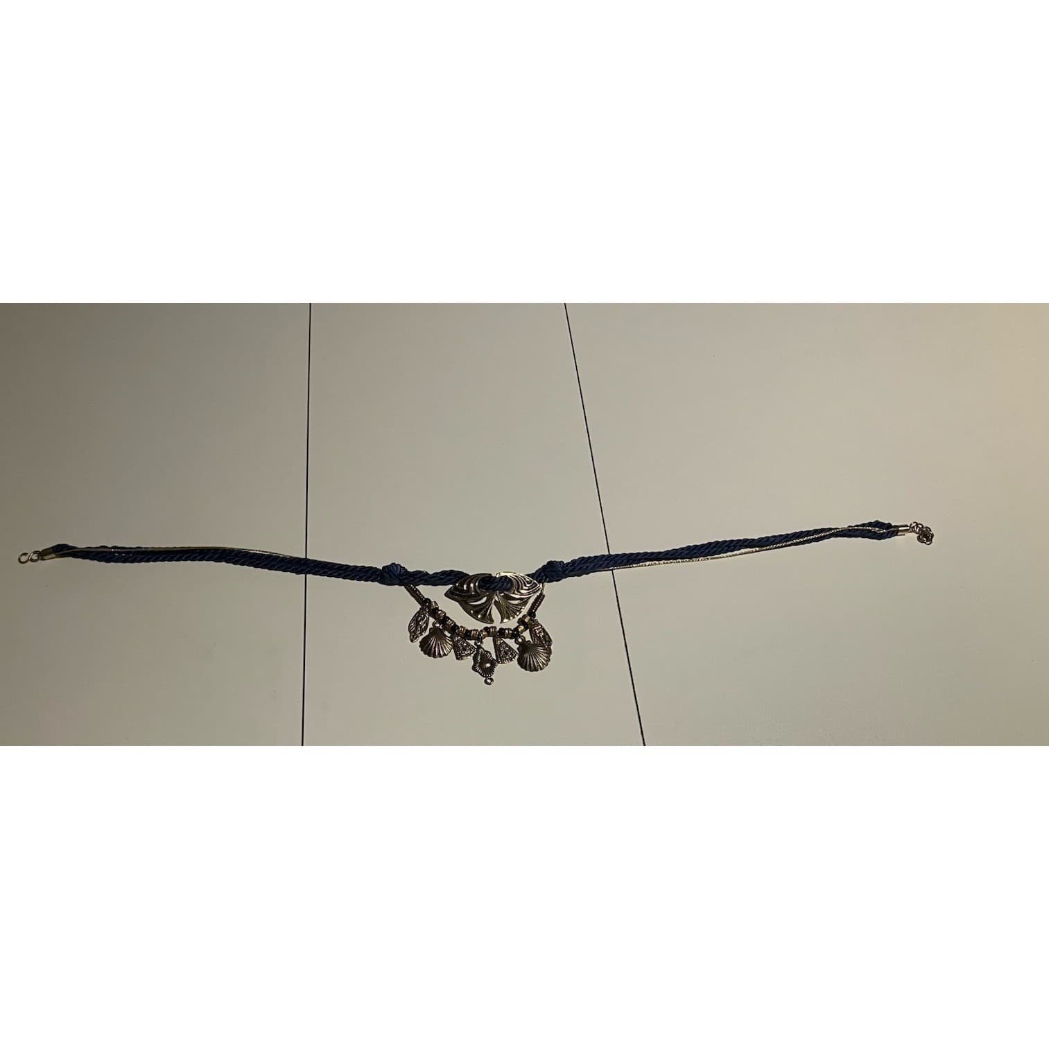 Navy Blue Rope Belt with Gold Shell Charms, Vintage Statement Adjustable Waist - Thumbnail 10