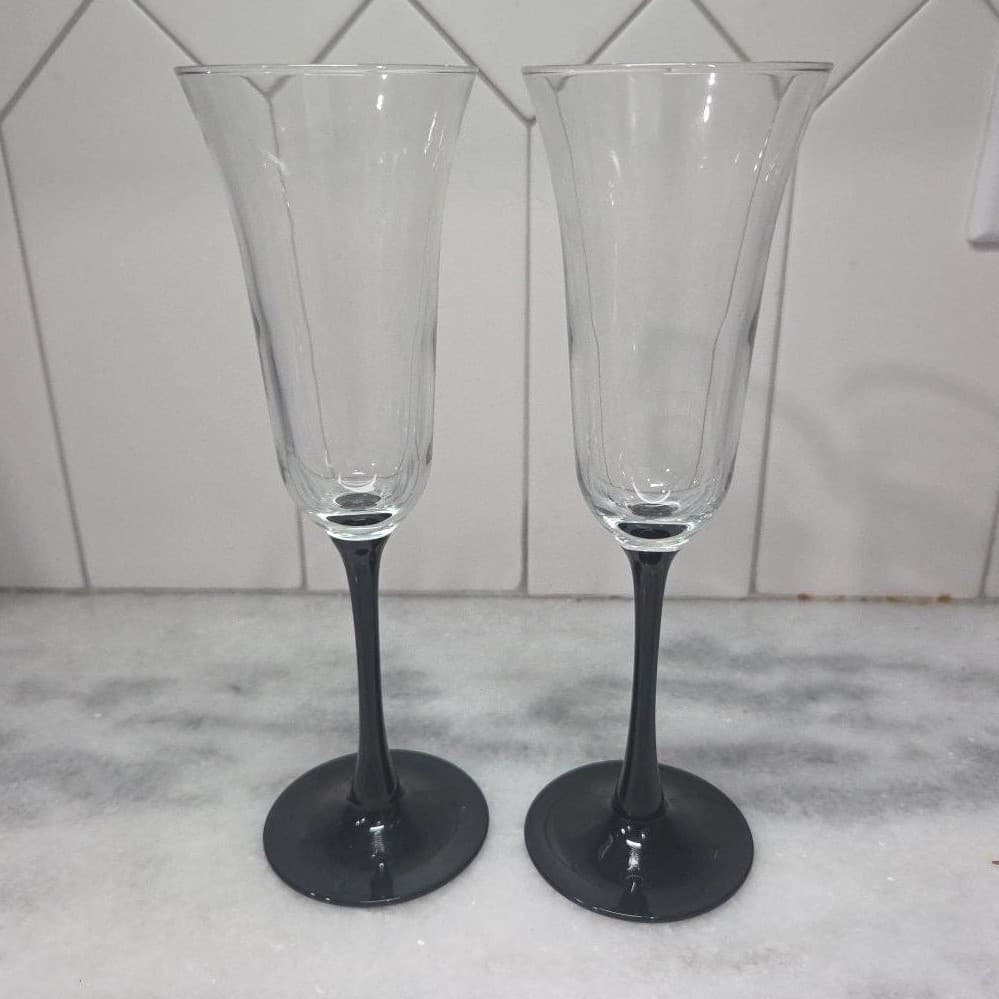 Cristal D'Arques Champagne Flutes, Set of 2, Vtg Black Stemmed Toasting Glasses - Thumbnail 5