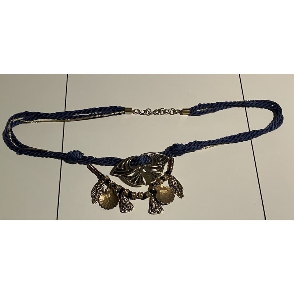 Navy Blue Rope Belt with Gold Shell Charms, Vintage Statement Adjustable Waist - Thumbnail 4