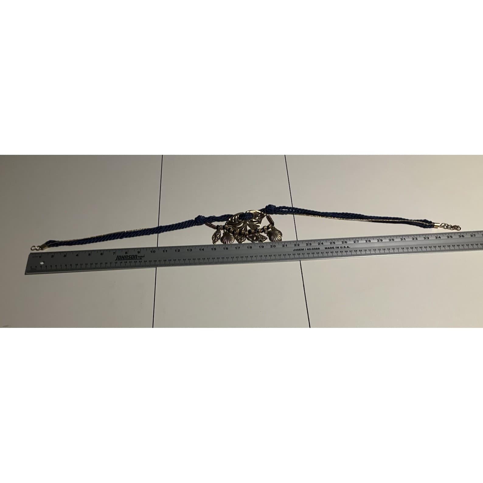 Navy Blue Rope Belt with Gold Shell Charms, Vintage Statement Adjustable Waist - Thumbnail 3