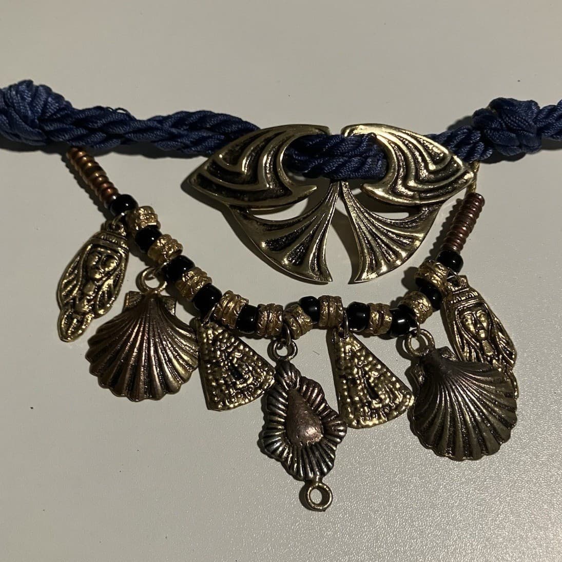 Navy Blue Rope Belt with Gold Shell Charms, Vintage Statement Adjustable Waist - Thumbnail 2