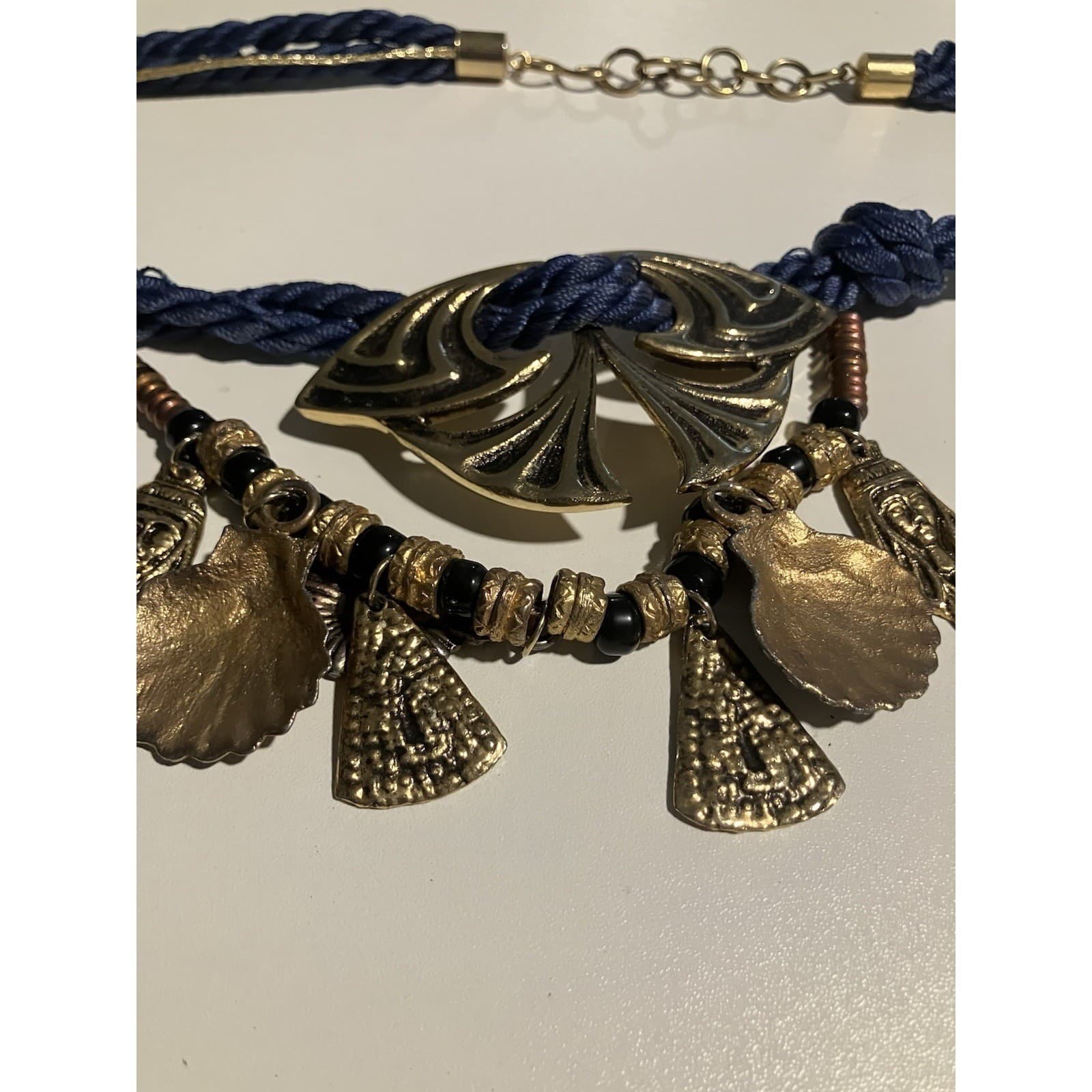Navy Blue Rope Belt with Gold Shell Charms, Vintage Statement Adjustable Waist - Thumbnail 5