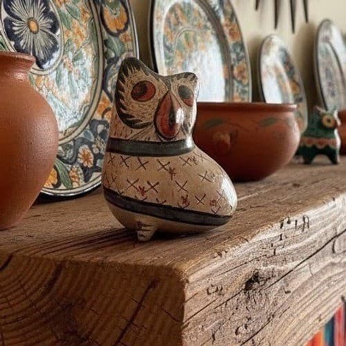 Mexican Folk Art Pottery Owl, Vintage Hand Painted Bird Figurine, Ceramic Statue