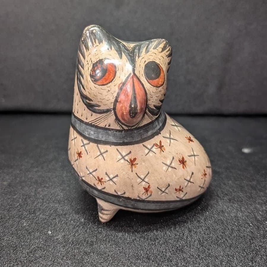 Mexican Folk Art Pottery Owl, Vintage Hand Painted Bird Figurine, Ceramic Statue - Thumbnail 2