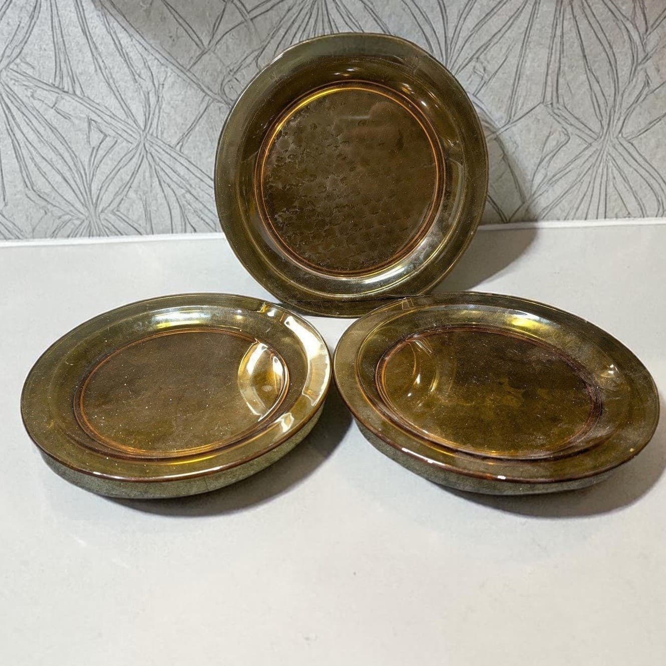Vereco Amber Glass Dessert Plates, Set of 3, Vintage Style Yellow Glassware