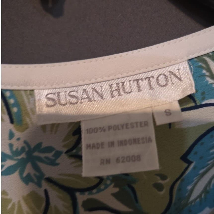 Susan Hutton Teal Green Floral Tropical Print Short Sleeve Blouse, Women's Small - Thumbnail 5