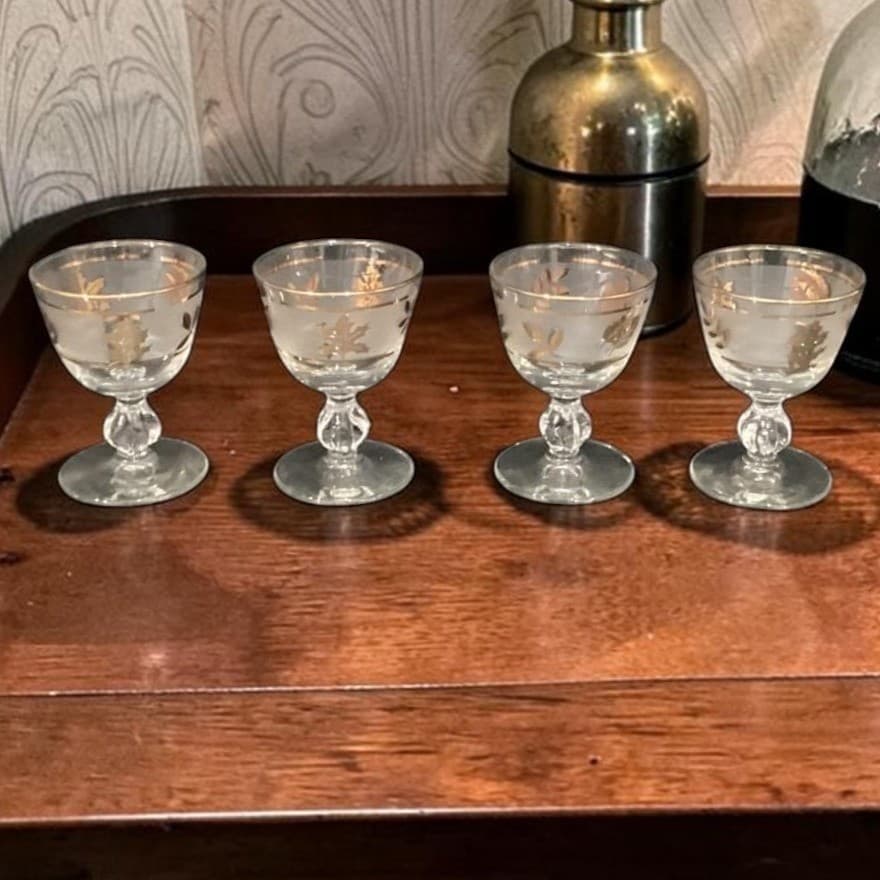 Libbey Golden Foliage Frosted Sherry Glasses, Set of 4, Vtg Stemware, Drinkware