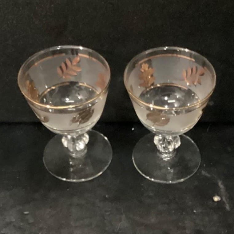 Libbey Golden Foliage Frosted Sherry Glasses, Set of 2, Vintage Stemware - Thumbnail 3