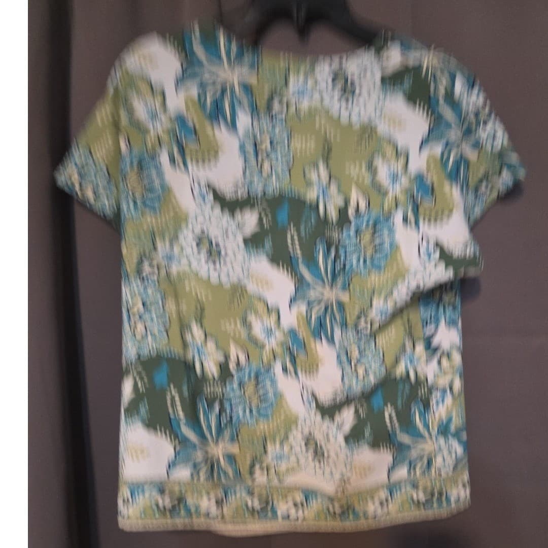 Susan Hutton Teal Green Floral Tropical Print Short Sleeve Blouse, Women's Small - Thumbnail 4