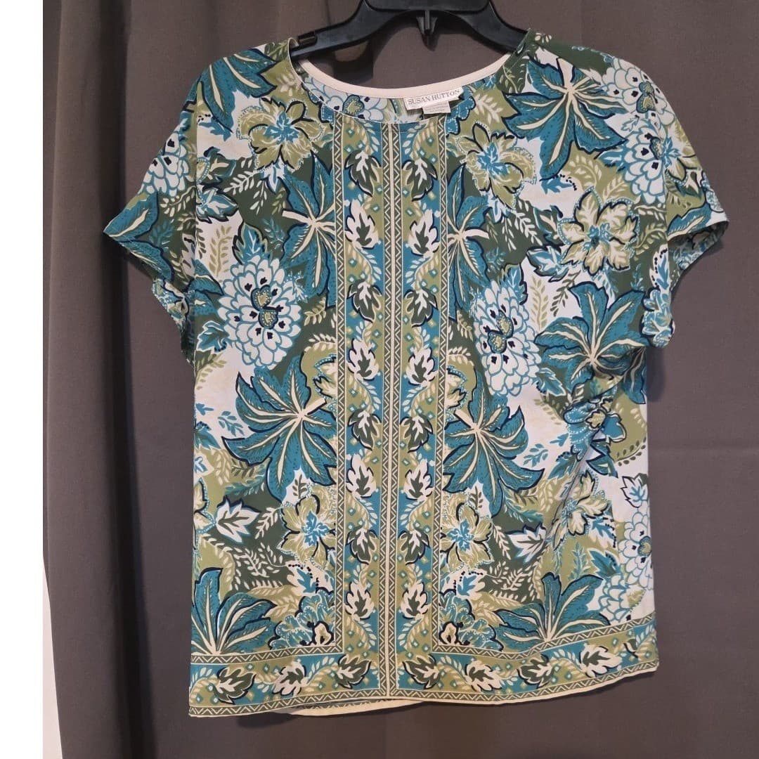 Susan Hutton Teal Green Floral Tropical Print Short Sleeve Blouse, Women's Small - Thumbnail 3