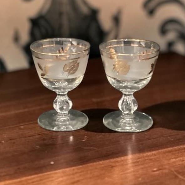Libbey Golden Foliage Frosted Sherry Glasses, Set of 2, Vintage Stemware