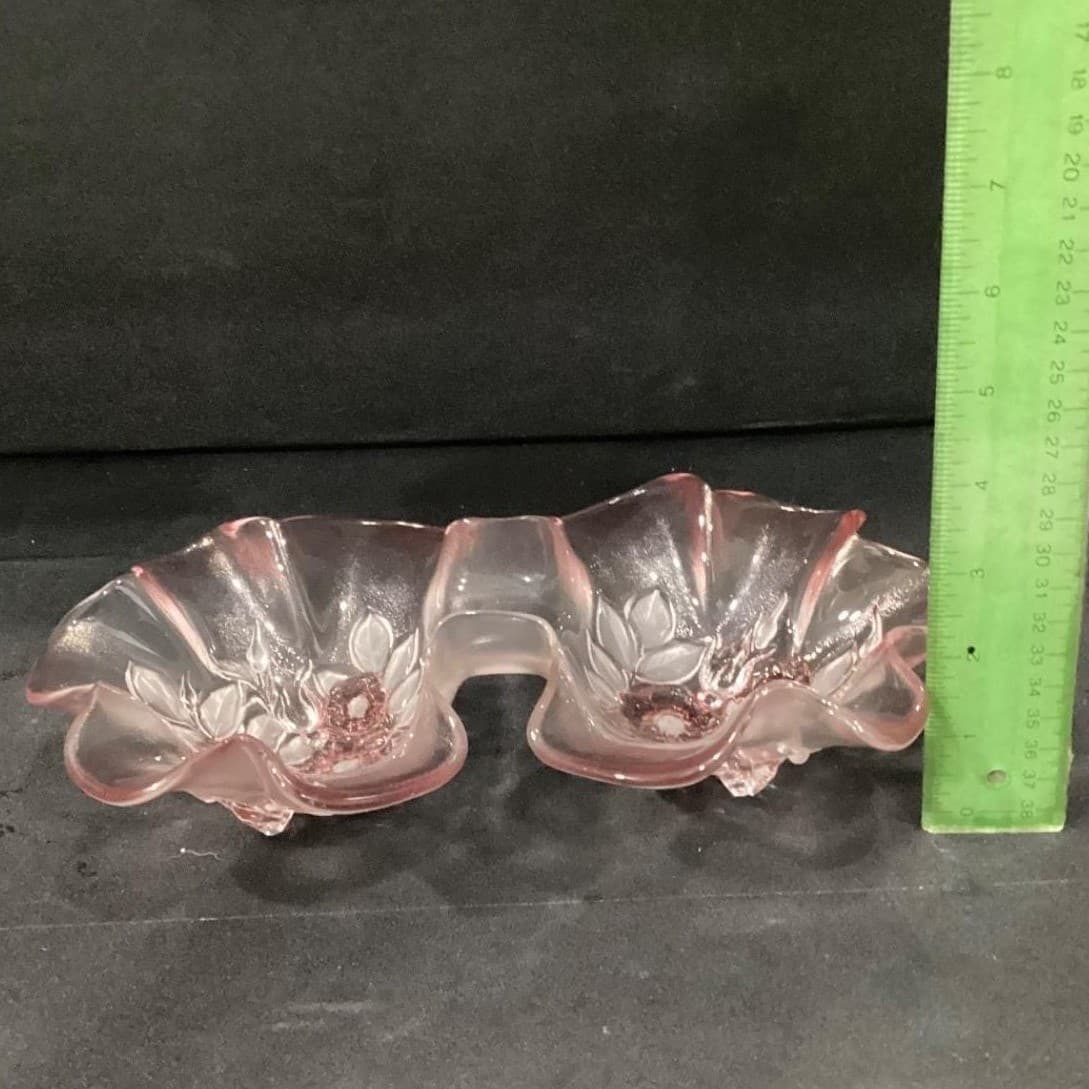 Mikasa Double Bowl Ruffled Relish Dish, Vintage Clear & Pink Edged Art Glass - Thumbnail 2