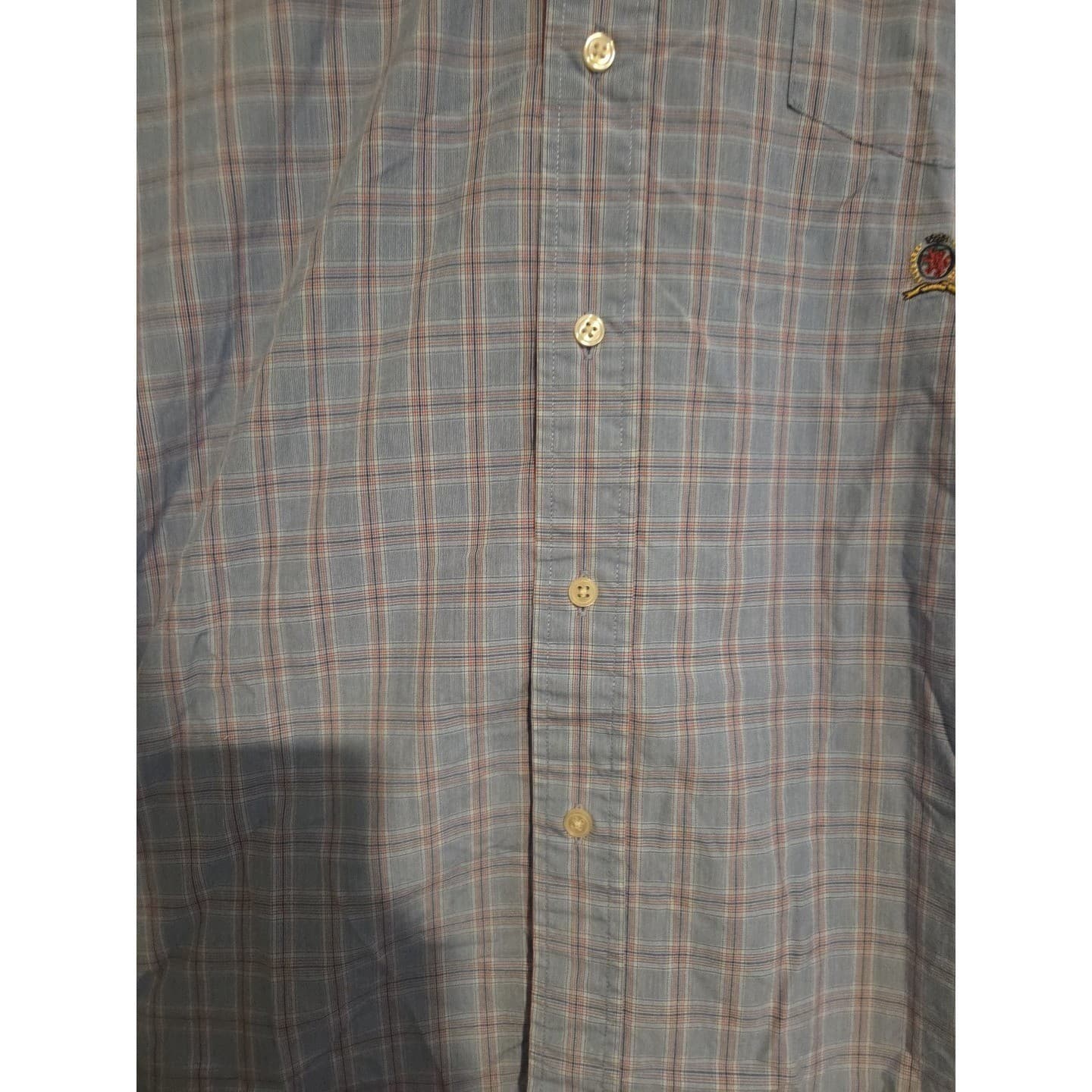 Tommy Hilfiger Blue Plaid Long Sleeve Button Down, Men's XL Shirt, Crest Logo - Thumbnail 7
