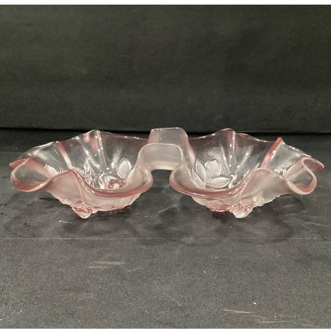 Mikasa Double Bowl Ruffled Relish Dish, Vintage Clear & Pink Edged Art Glass - Thumbnail 9