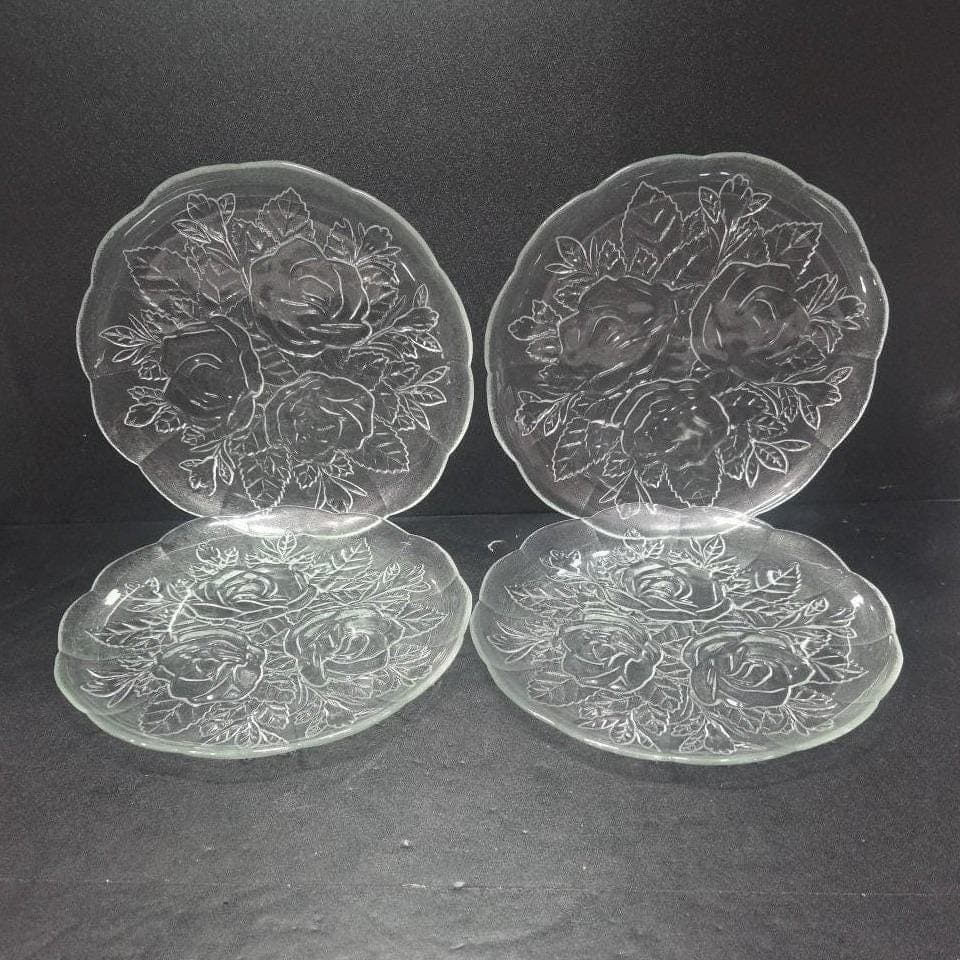 Pasari Livia Clear Glass Dinner Plates, Set of 4, Vintage Frosted Rose Tableware - Thumbnail 5