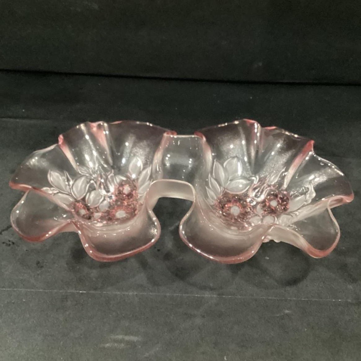 Mikasa Double Bowl Ruffled Relish Dish, Vintage Clear & Pink Edged Art Glass - Thumbnail 5