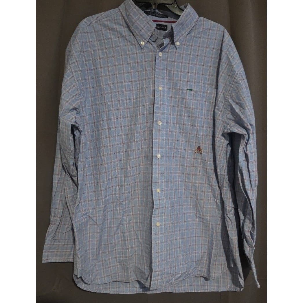 Tommy Hilfiger Blue Plaid Long Sleeve Button Down, Men's XL Shirt, Crest Logo - Thumbnail 3