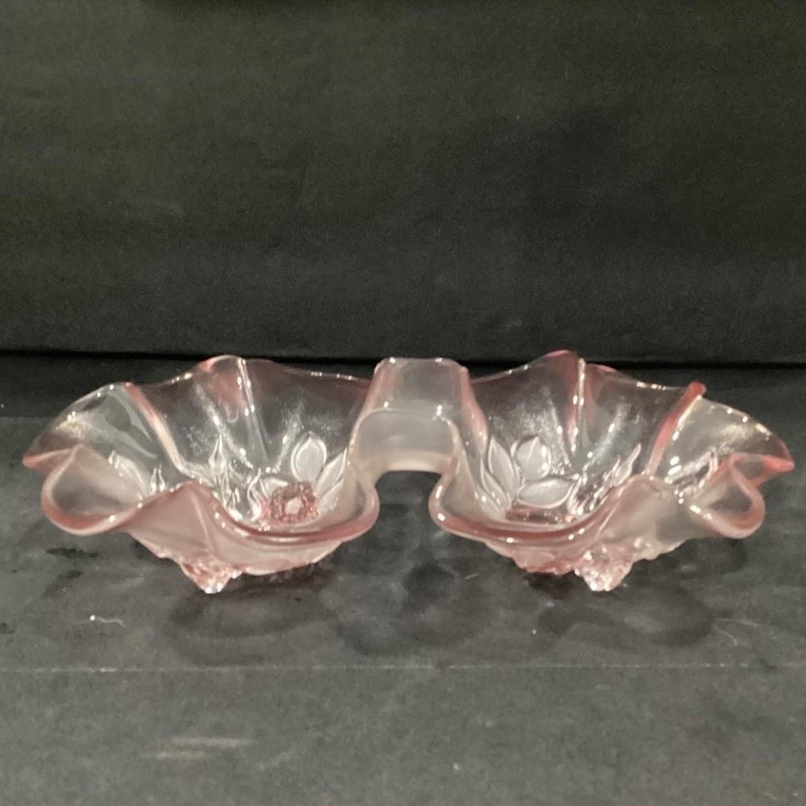 Mikasa Double Bowl Ruffled Relish Dish, Vintage Clear & Pink Edged Art Glass - Thumbnail 11