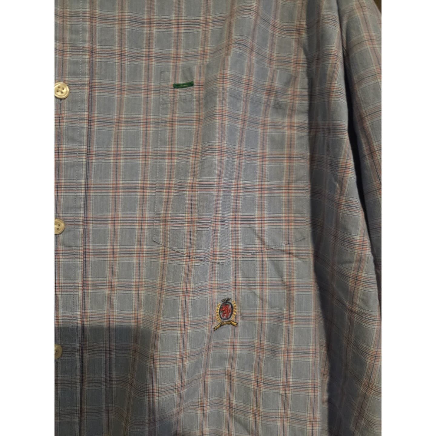 Tommy Hilfiger Blue Plaid Long Sleeve Button Down, Men's XL Shirt, Crest Logo - Thumbnail 6