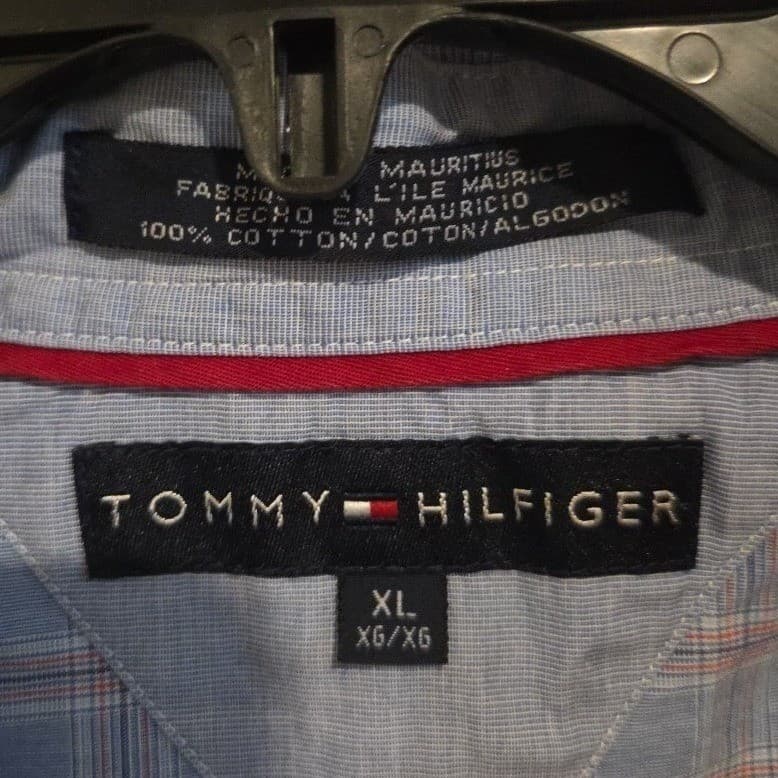 Tommy Hilfiger Blue Plaid Long Sleeve Button Down, Men's XL Shirt, Crest Logo - Thumbnail 5