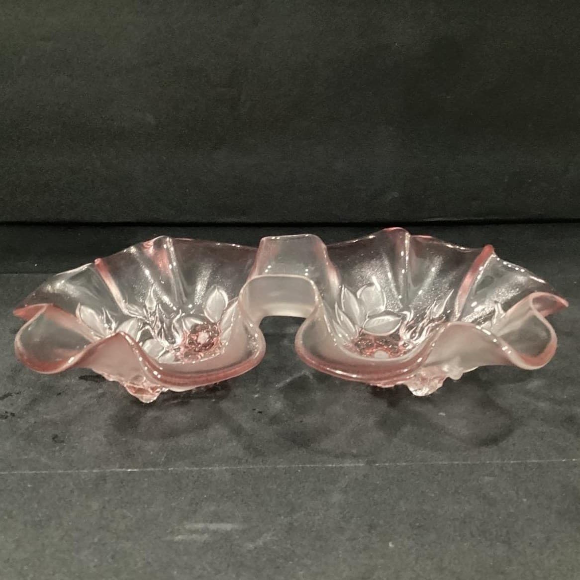 Mikasa Double Bowl Ruffled Relish Dish, Vintage Clear & Pink Edged Art Glass - Thumbnail 8