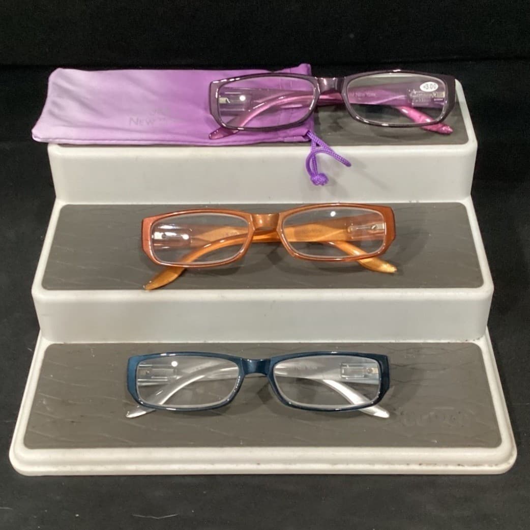 JM New York Reading Glasses Set of 3 Purple Orange Blue Rectangular Frames +3.00 - Thumbnail 2