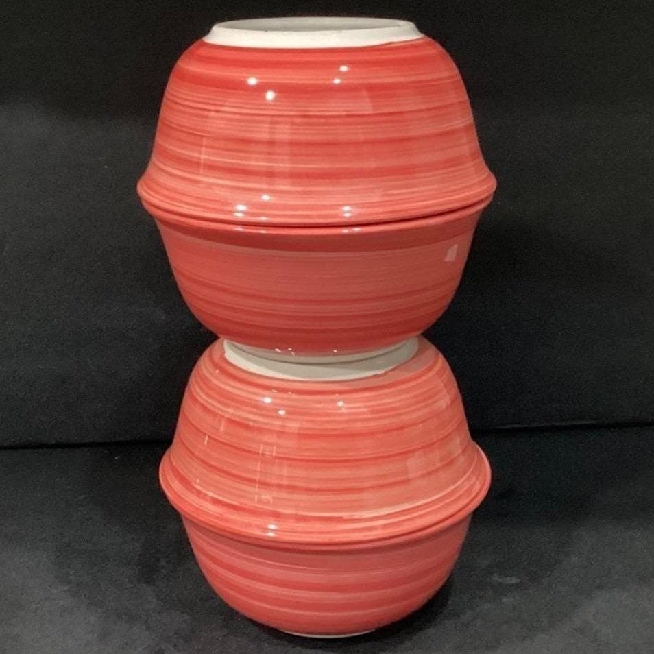 Original Swirl Red Hand-Painted Cereal Bowls, Set of 4, Vtg Ceramic Dinnerware - Thumbnail 12