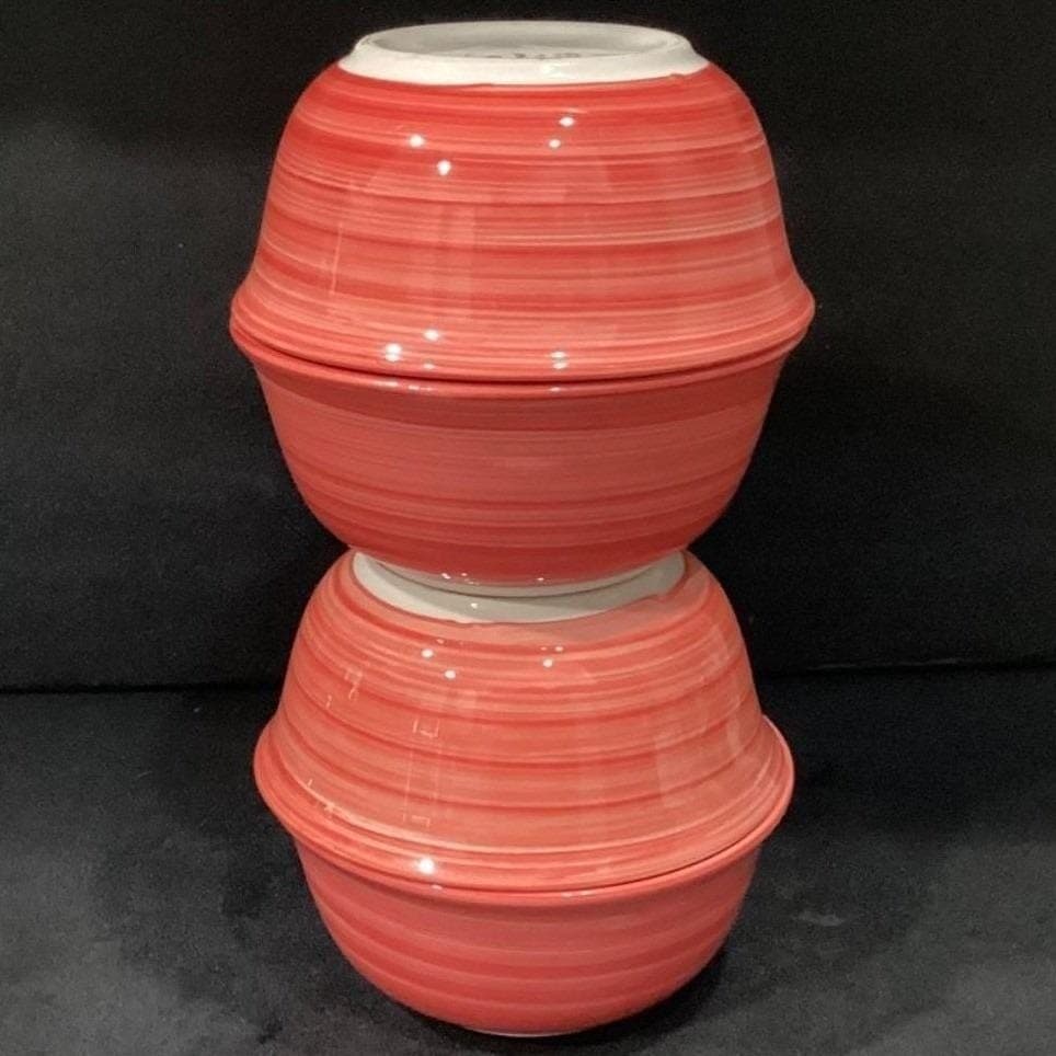 Original Swirl Red Hand-Painted Cereal Bowls, Set of 4, Vtg Ceramic Dinnerware - Thumbnail 11