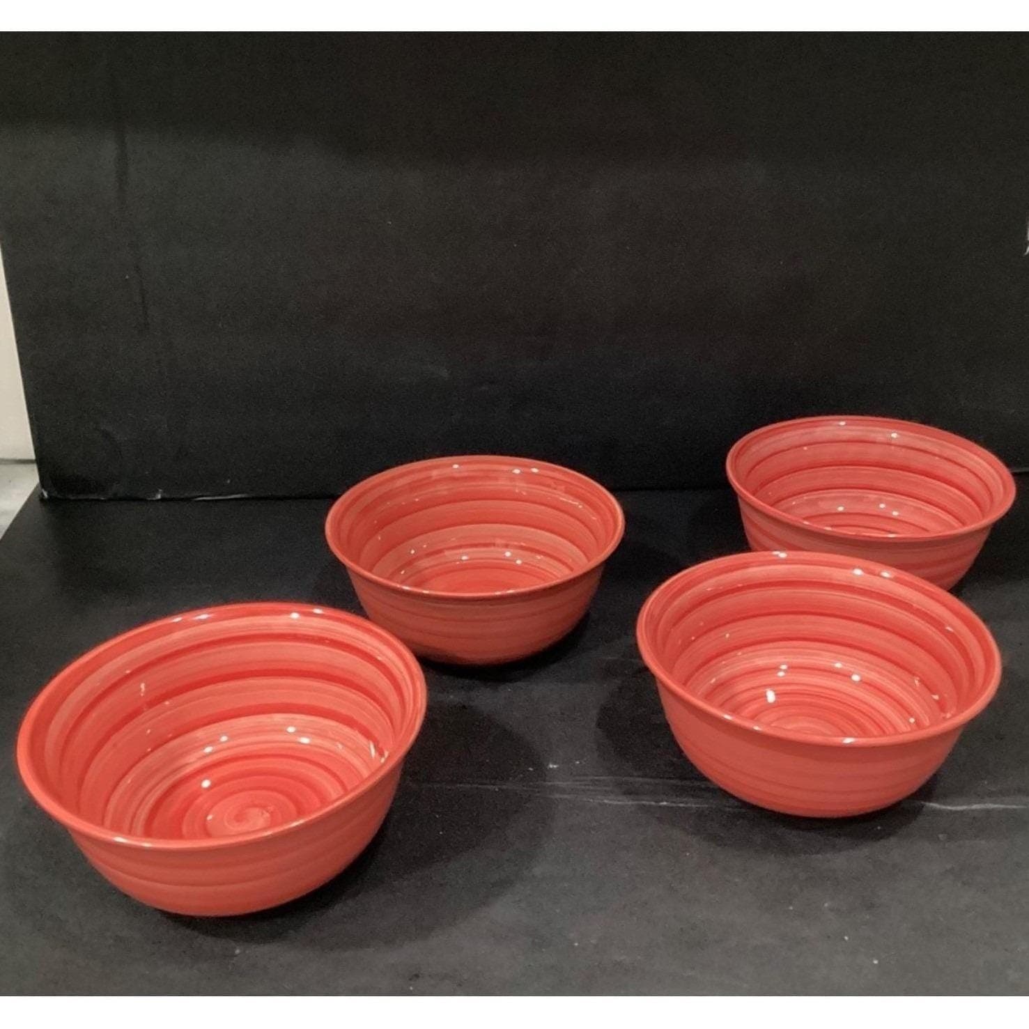Original Swirl Red Hand-Painted Cereal Bowls, Set of 4, Vtg Ceramic Dinnerware - Thumbnail 8