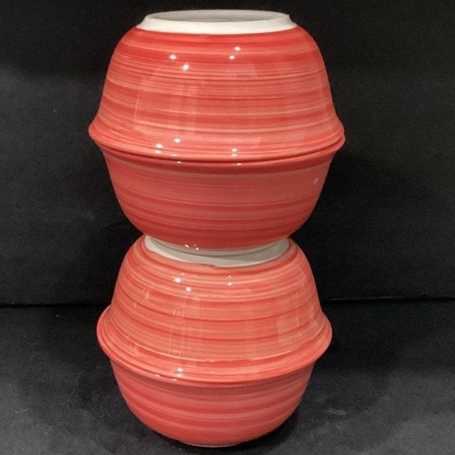 Original Swirl Red Hand-Painted Cereal Bowls, Set of 4, Vtg Ceramic Dinnerware - Thumbnail 13
