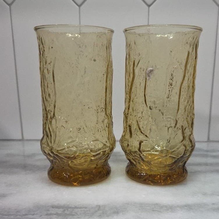 Anchor Hocking Amber Rain Flower Tumblers, Set of 2, Vtg Pressed Glass Drinkware - Thumbnail 2