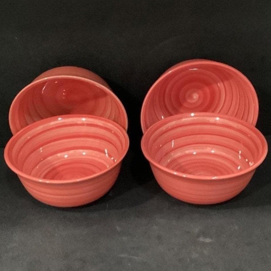 Original Swirl Red Hand-Painted Cereal Bowls, Set of 4, Vtg Ceramic Dinnerware - Thumbnail 9