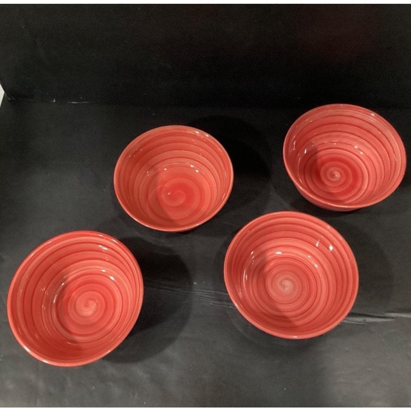Original Swirl Red Hand-Painted Cereal Bowls, Set of 4, Vtg Ceramic Dinnerware - Thumbnail 6