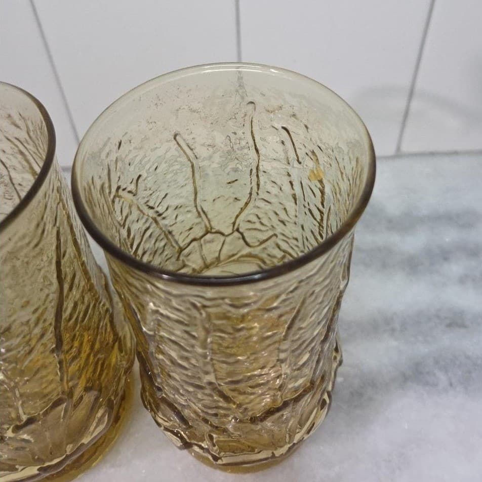 Anchor Hocking Amber Rain Flower Tumblers, Set of 2, Vtg Pressed Glass Drinkware - Thumbnail 6