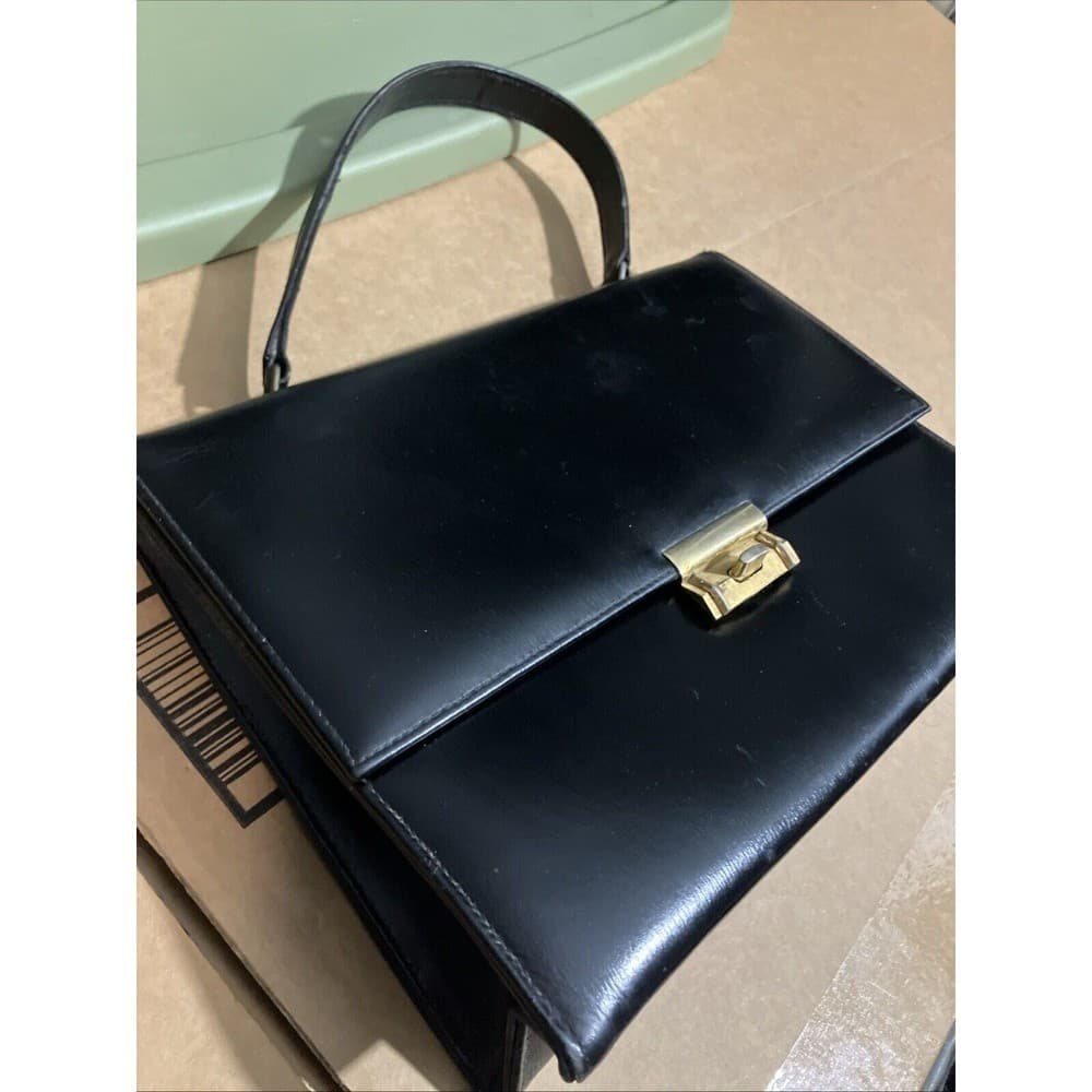 Martin Black Leather Top Handle Handbag, Gold Hardware, Accordion Purse - Thumbnail 2