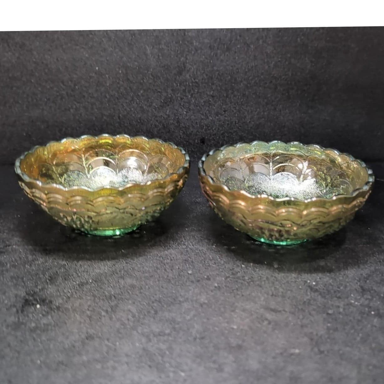 Imperial Glass Helios Carnival Bowls, Set of 2, Vintage Leaf & Grape Pattern - Thumbnail 2