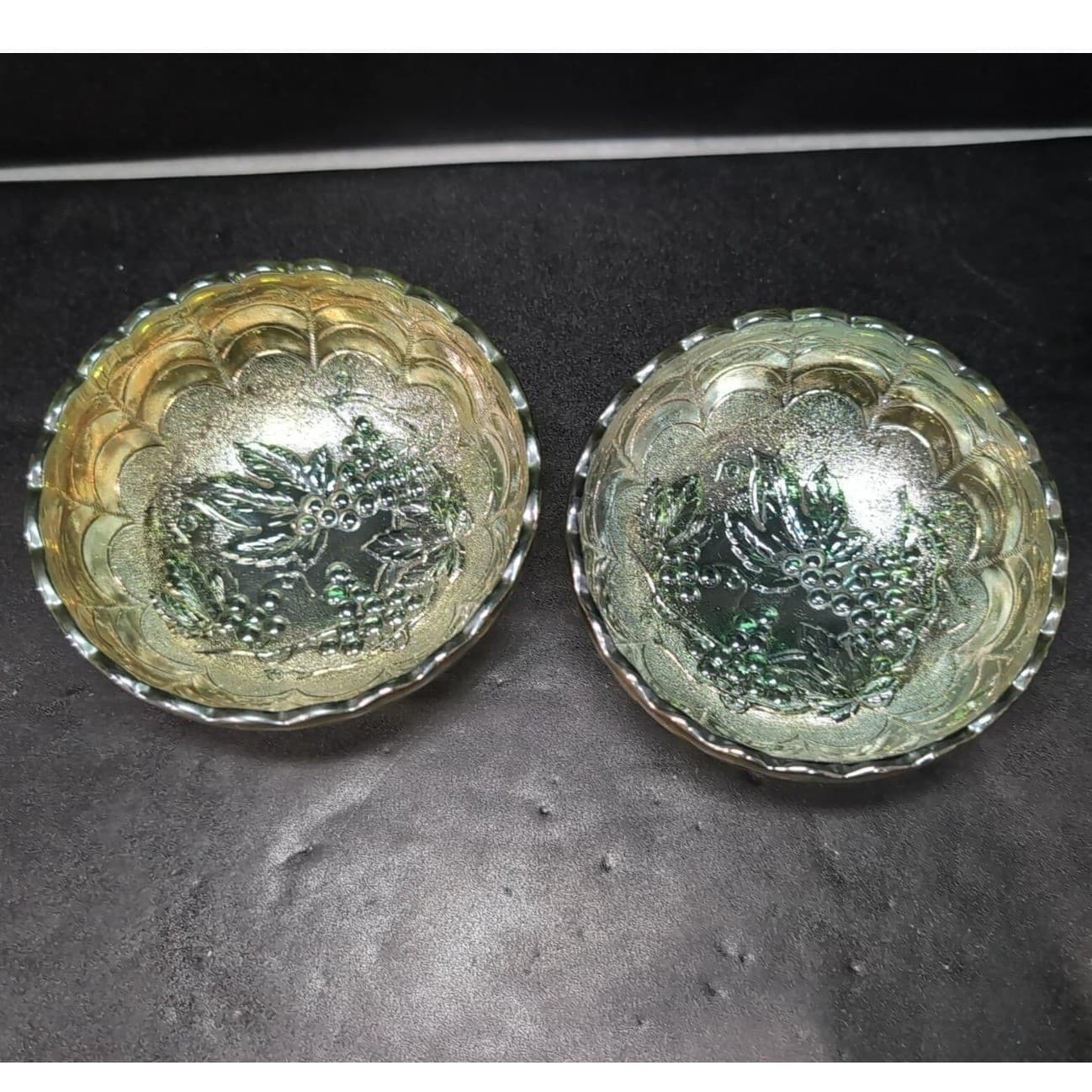 Imperial Glass Helios Carnival Bowls, Set of 2, Vintage Leaf & Grape Pattern - Thumbnail 3