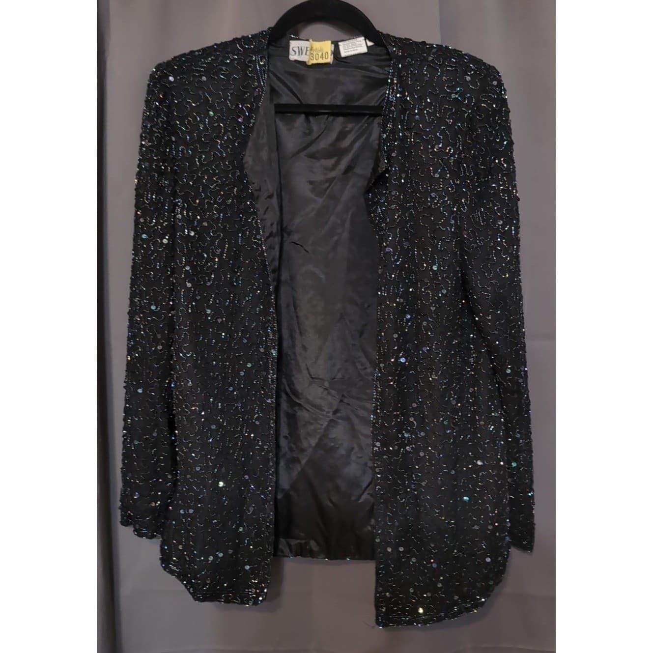 Sweelo Black Beaded Sequin Open Front Evening Jacket, Vintage Women's Small 6-8 - Thumbnail 3