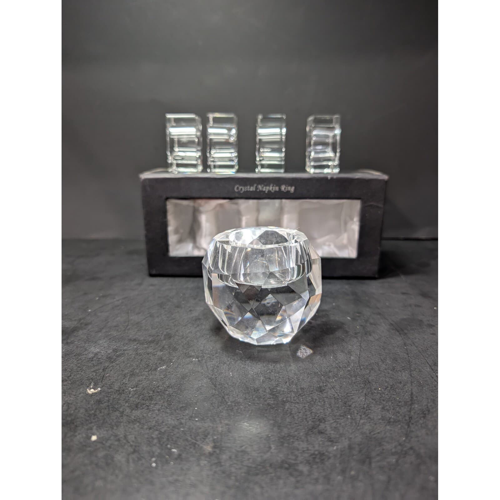 Oleg Cassini Signed Crystal Napkin Rings & Candle Holder Square Napkin Rings Set - Thumbnail 4