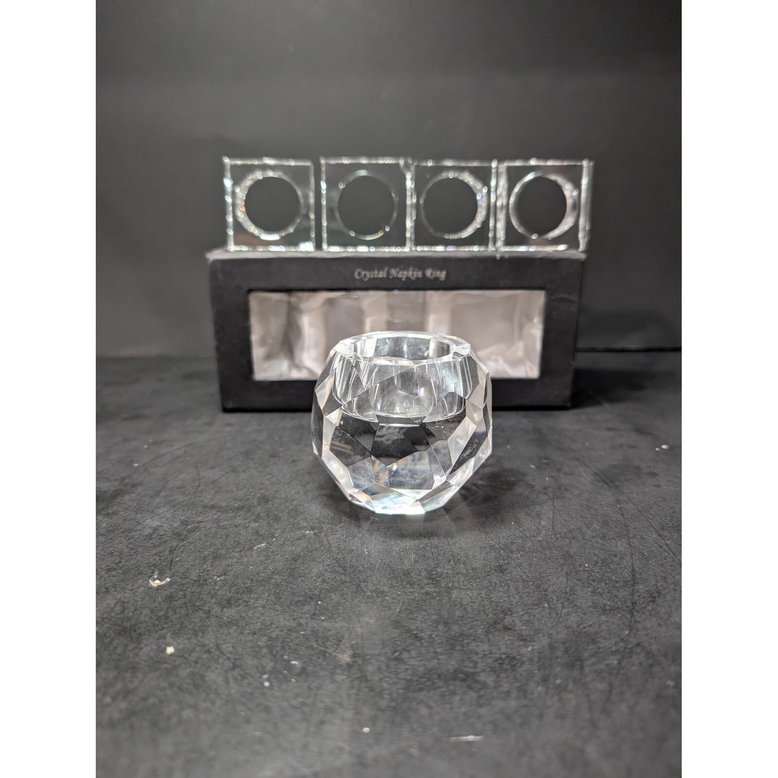 Oleg Cassini Signed Crystal Napkin Rings & Candle Holder Square Napkin Rings Set
