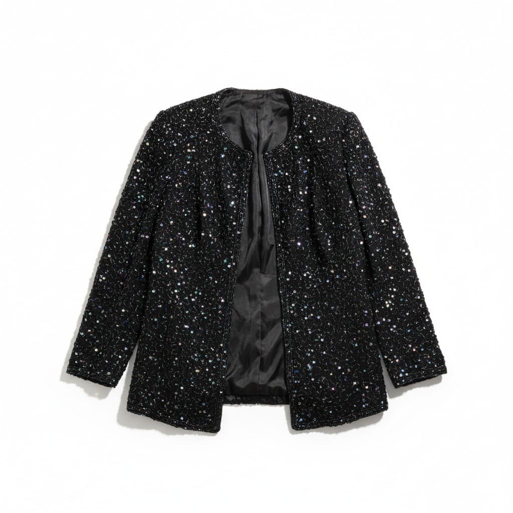 Sweelo Black Beaded Sequin Open Front Evening Jacket, Vintage Women's Small 6-8